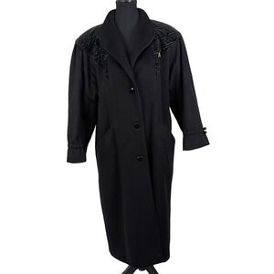 Luba Paris Vintage Black 100% Pure Virgin Wool Long Overcoat Women's Size 9/10